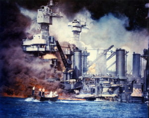 World War 2 ship destroyed with smoke coming out at Pearl Harbor WW2